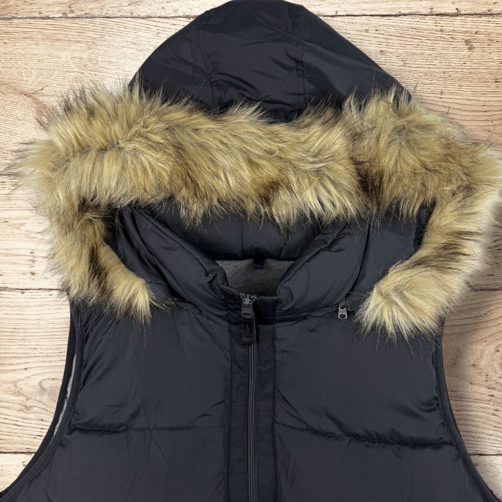 ABERCROMBIE FITCH Quilted Puffer Vest Black Removable Faux Fur Hood Womens XL - Picture 5 of 12